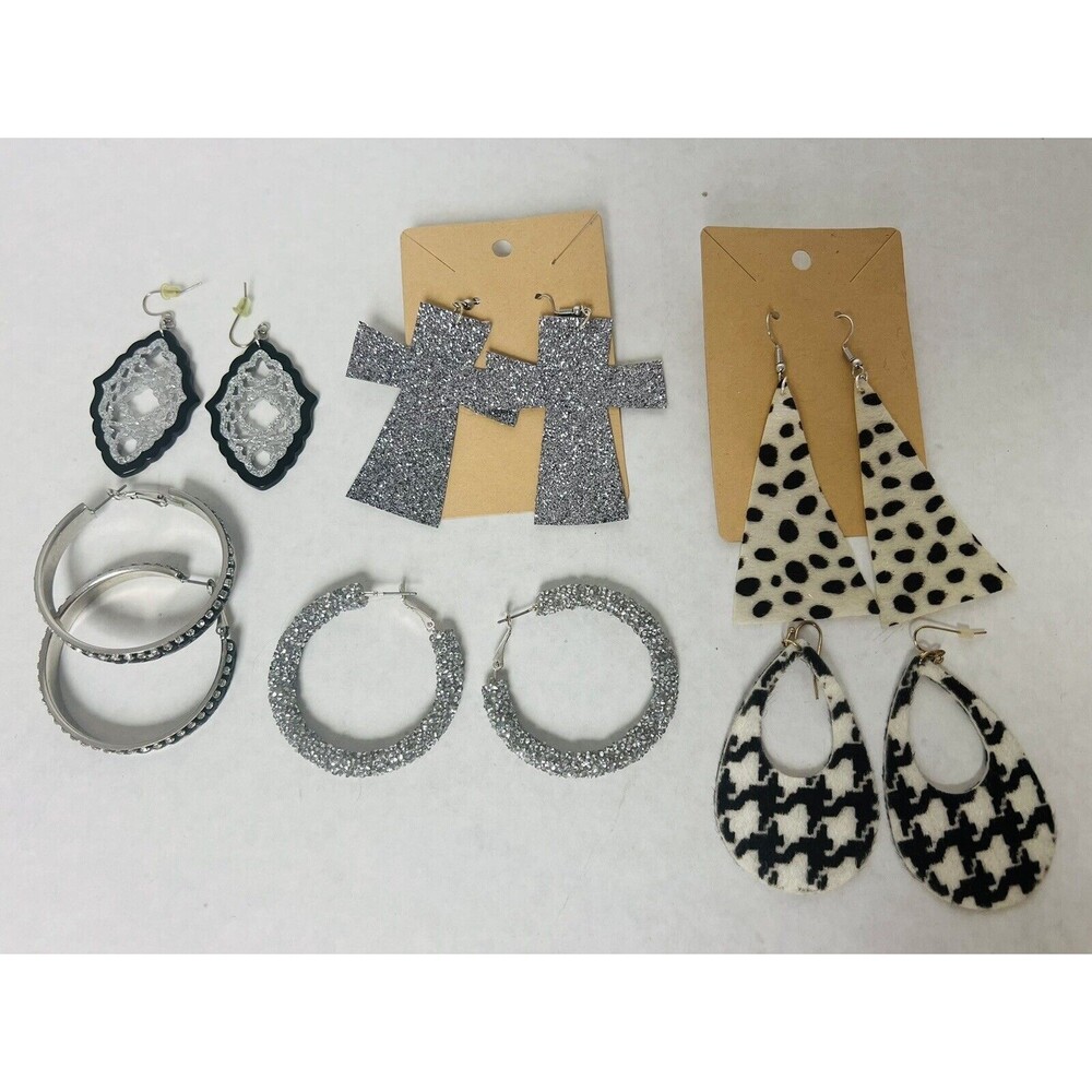 Lot of 6 Black White Statement Earrings Pierced Ears Dangles Hooks
